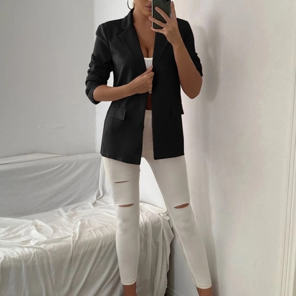 💕2 for $15💕 NWOT Sheen Single Button Flap Detail Black Oversized Blazer - Picture 4 of 5